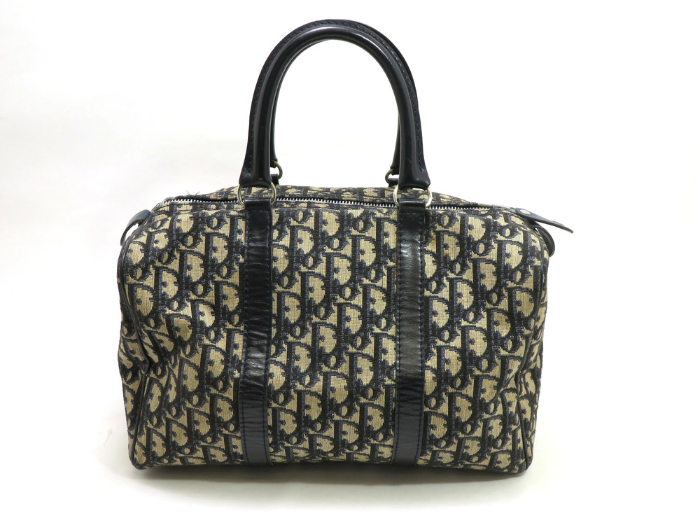 Christian Dior Trotter Boston Bag Navy Blue Beige Cream Canvas Leather MY